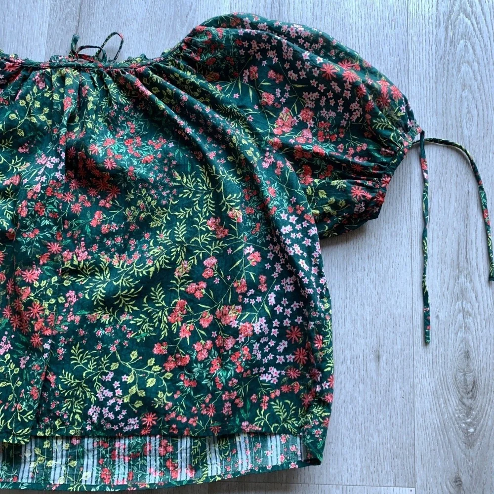 LOFT Women's Green Floral Smocked Off-Shoulder‎ Puff Sleeve Crop Top Blouse